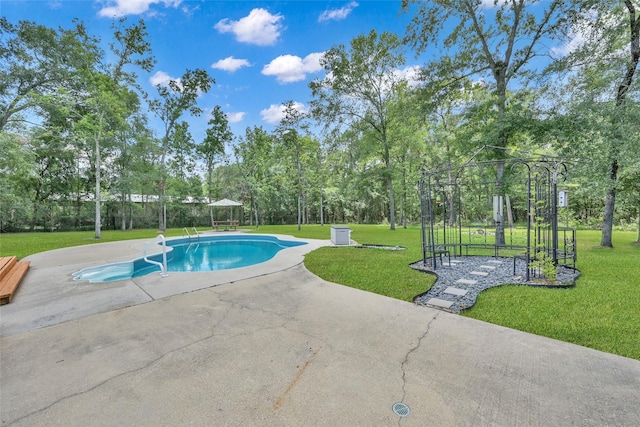 view of swimming pool featuring a patio area and a yard