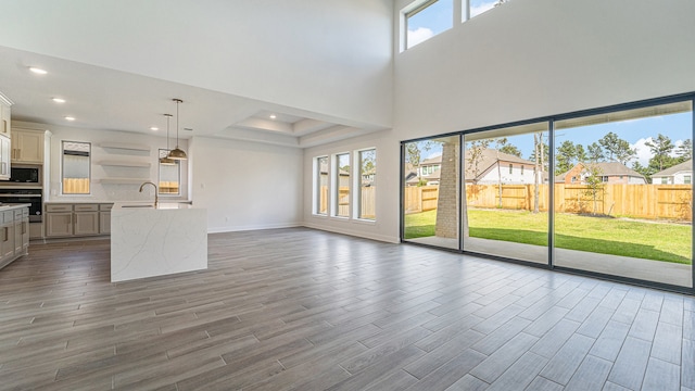 unfurnished living room featuring hardwood / wood-style flooring, sink, and a raised ceiling