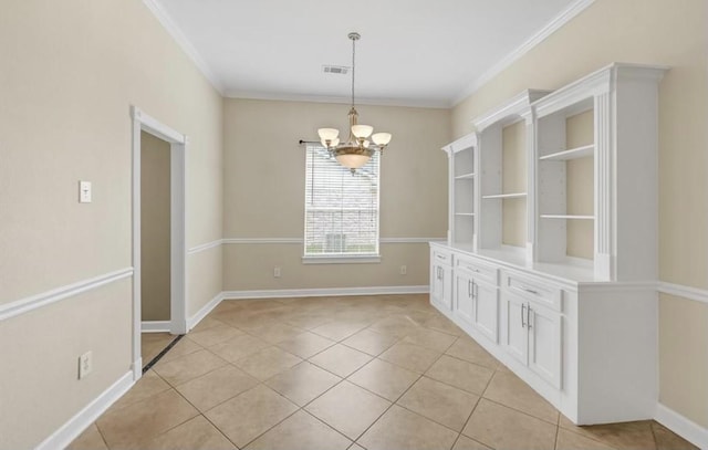 unfurnished dining area featuring a chandelier, light tile patterned floors, and crown molding