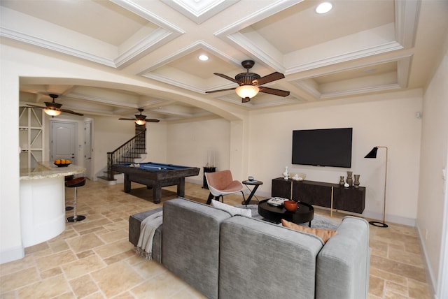 living room with beam ceiling, ceiling fan, coffered ceiling, and billiards