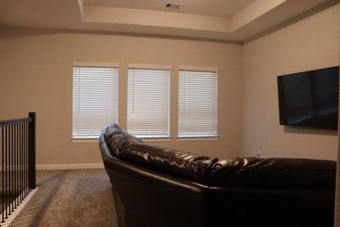 carpeted living room with a tray ceiling