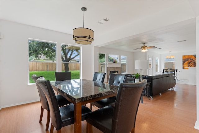 dining space featuring a tile fireplace, ceiling fan with notable chandelier, and light hardwood / wood-style flooring