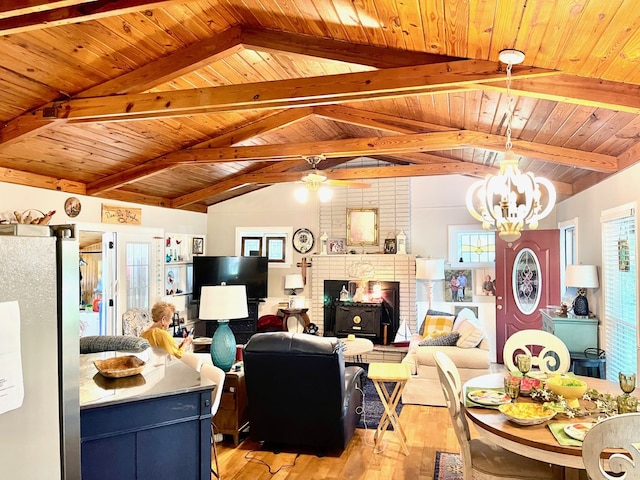 living room with wood ceiling, a fireplace, an inviting chandelier, and light hardwood / wood-style floors