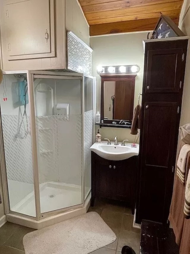 bathroom with a shower with shower door, vanity, wood ceiling, and tile patterned floors