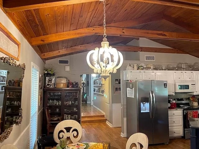 dining area with hardwood / wood-style flooring, an inviting chandelier, wooden ceiling, and lofted ceiling with beams