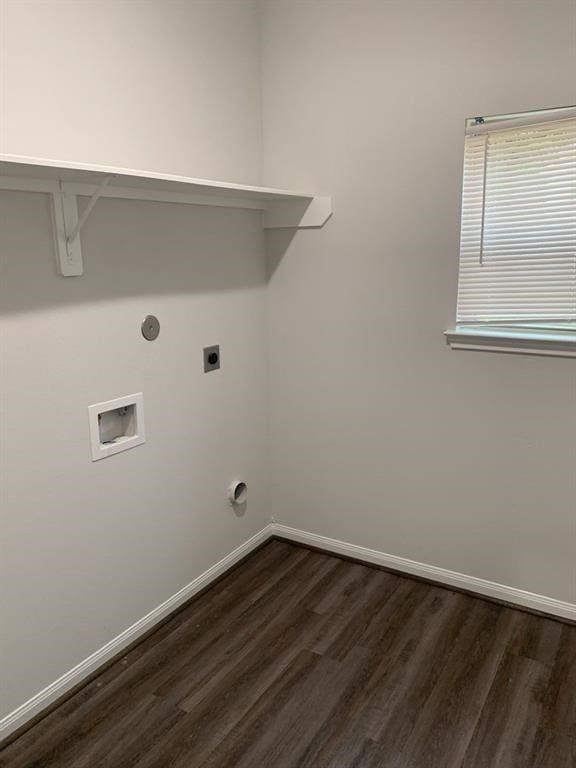 washroom with electric dryer hookup, washer hookup, and dark hardwood / wood-style floors