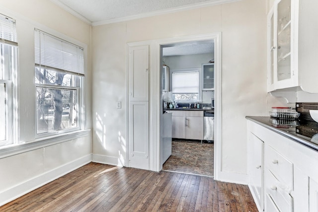 interior space with a textured ceiling, ornamental molding, and dark wood-type flooring