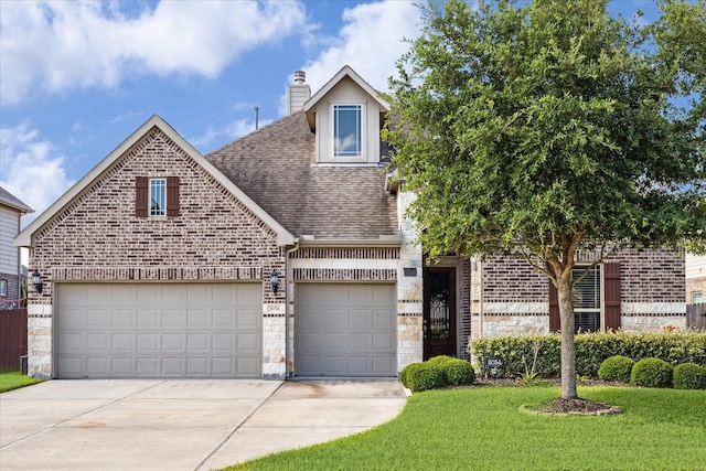 view of front facade featuring a garage, brick siding, roof with shingles, and a front lawn