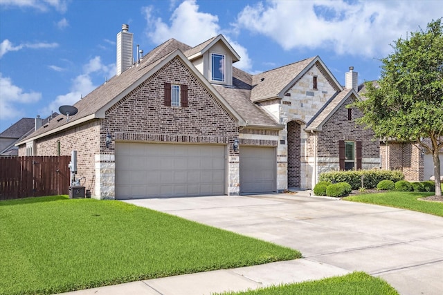 french country inspired facade featuring concrete driveway, stone siding, fence, a front lawn, and brick siding