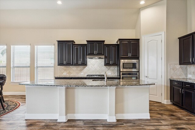 kitchen featuring stainless steel appliances, dark wood-type flooring, lofted ceiling, backsplash, and a kitchen island with sink