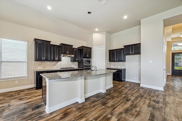 kitchen featuring dark hardwood / wood-style flooring, stainless steel appliances, a healthy amount of sunlight, backsplash, and a kitchen island with sink