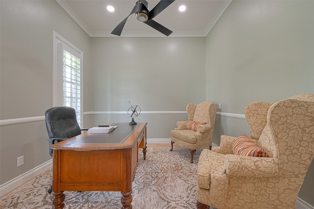 office space with wood-type flooring, ceiling fan, and crown molding