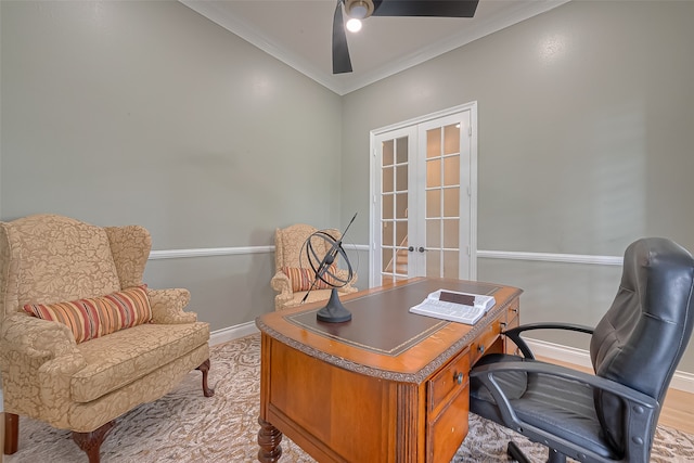 office space featuring light hardwood / wood-style flooring, ceiling fan, french doors, and crown molding