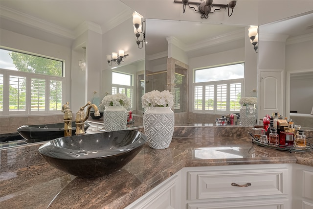 bathroom with vanity with extensive cabinet space and crown molding