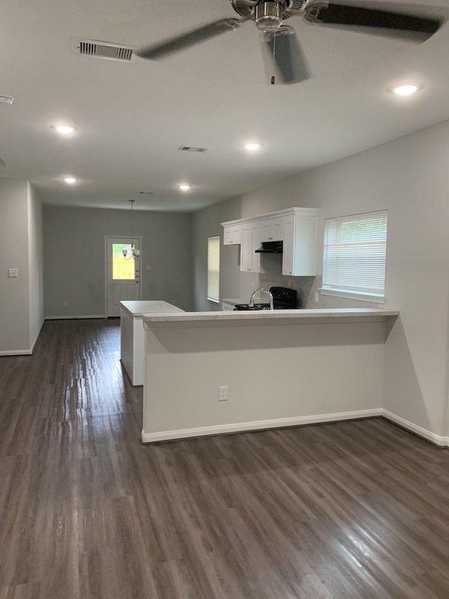 kitchen featuring plenty of natural light, ceiling fan, dark hardwood / wood-style flooring, and white cabinetry