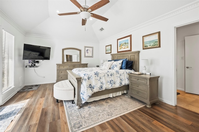 bedroom with multiple windows, ceiling fan, dark hardwood / wood-style flooring, and lofted ceiling