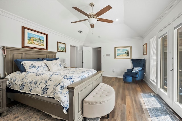 bedroom with access to outside, ceiling fan, crown molding, and lofted ceiling