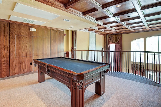 game room with light colored carpet, coffered ceiling, beam ceiling, and wooden walls