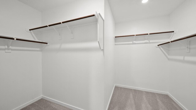 walk in closet with light carpet