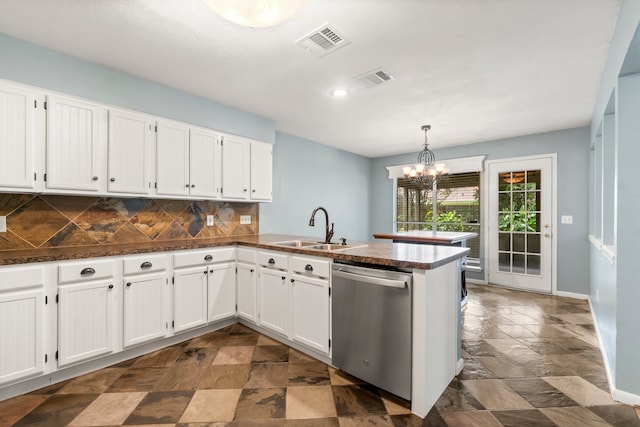 kitchen featuring white cabinetry, sink, kitchen peninsula, and stainless steel dishwasher