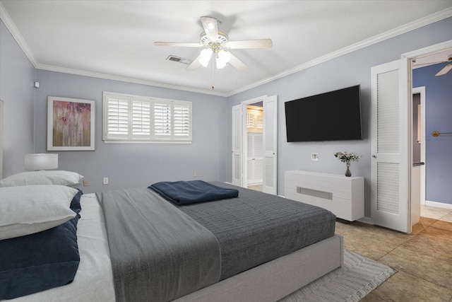 bedroom featuring ceiling fan, light tile patterned floors, and ornamental molding