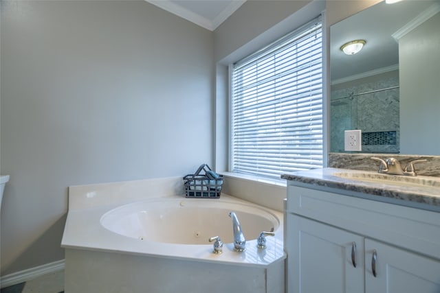 bathroom featuring plus walk in shower, crown molding, and vanity