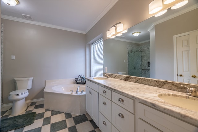 full bathroom with shower with separate bathtub, vanity, toilet, and crown molding