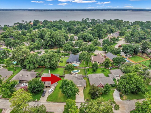 drone / aerial view featuring a water view