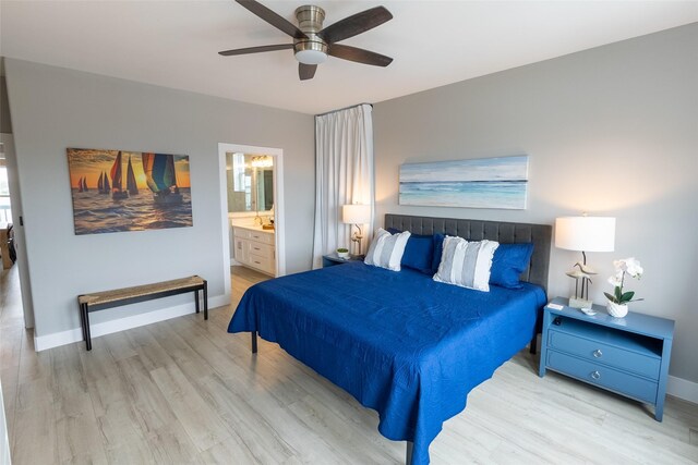 bedroom with ceiling fan, light hardwood / wood-style floors, and ensuite bath