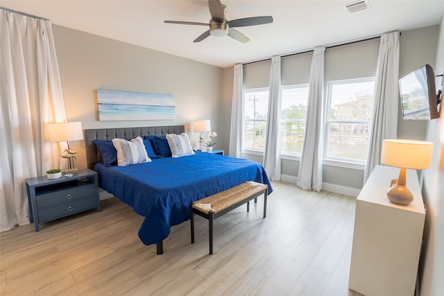 bedroom featuring ceiling fan and light hardwood / wood-style floors