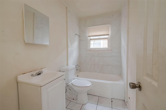 full bathroom featuring tile patterned floors, vanity, tiled shower / bath combo, and toilet