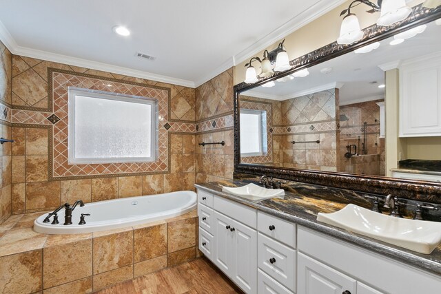 bathroom featuring ornamental molding, plus walk in shower, hardwood / wood-style floors, and dual bowl vanity