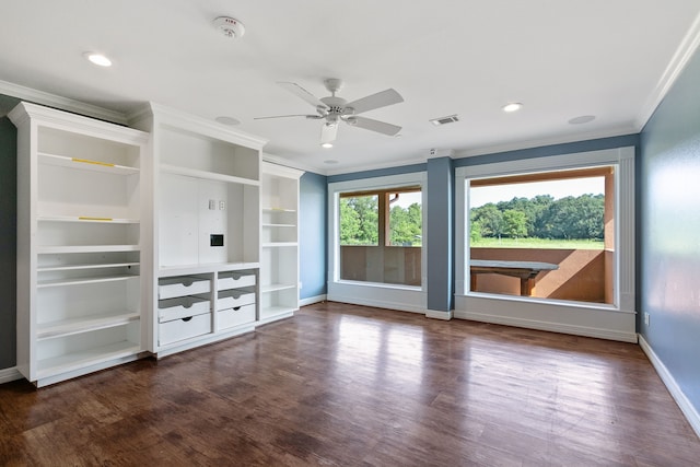 unfurnished bedroom featuring ceiling fan, dark wood-type flooring, and ornamental molding