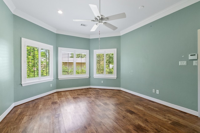 unfurnished room with hardwood / wood-style floors, crown molding, ceiling fan, and a healthy amount of sunlight