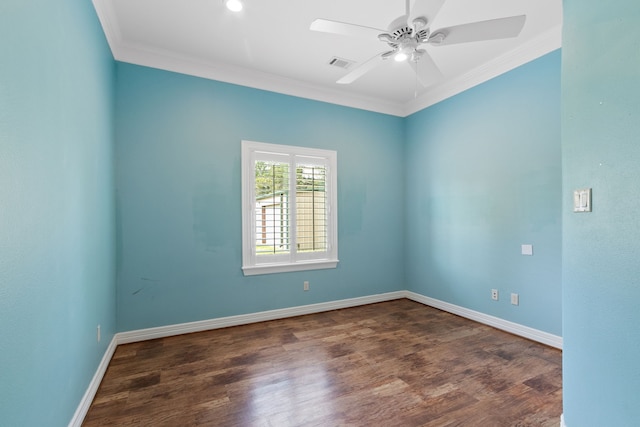 empty room with hardwood / wood-style floors, crown molding, and ceiling fan