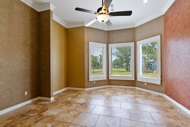 tiled empty room featuring ceiling fan and crown molding