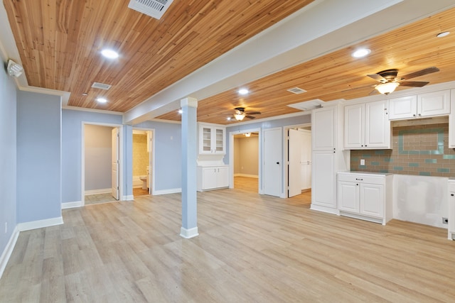 interior space with ceiling fan, light hardwood / wood-style flooring, and wooden ceiling