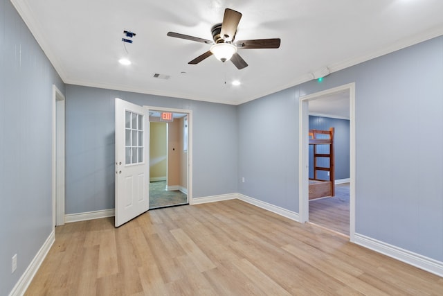 unfurnished bedroom with ceiling fan, light wood-type flooring, and ornamental molding