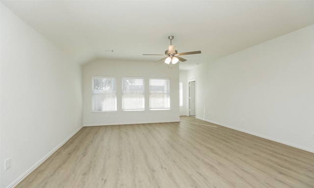 unfurnished living room with ceiling fan, lofted ceiling, and light hardwood / wood-style flooring