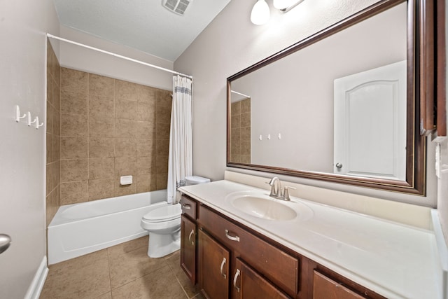 full bathroom featuring shower / bathtub combination with curtain, tile patterned flooring, vanity, and toilet