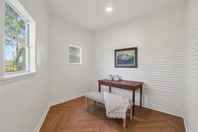 office featuring parquet floors