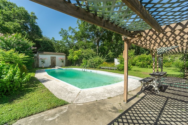 view of pool featuring a pergola, a patio area, and a storage unit