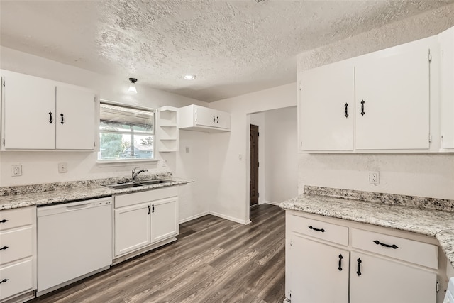 kitchen featuring dishwasher, white cabinetry, sink, and dark wood-type flooring