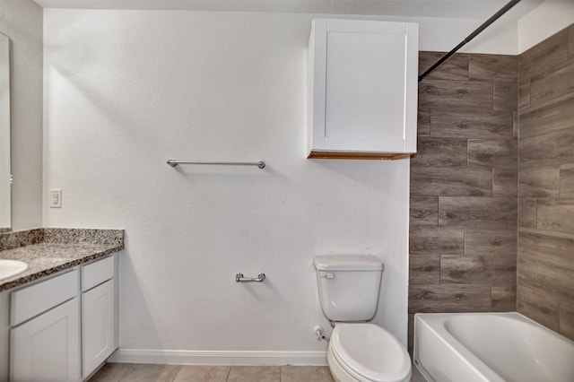 full bathroom featuring vanity, toilet, tiled shower / bath, and tile patterned flooring