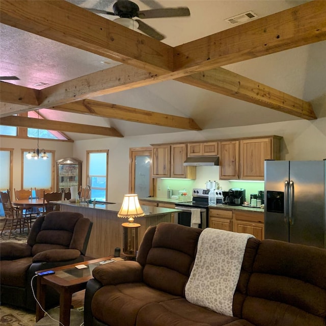 living room featuring vaulted ceiling with beams, sink, and ceiling fan with notable chandelier