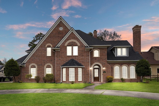 view of front of house featuring a shingled roof, a front lawn, and brick siding