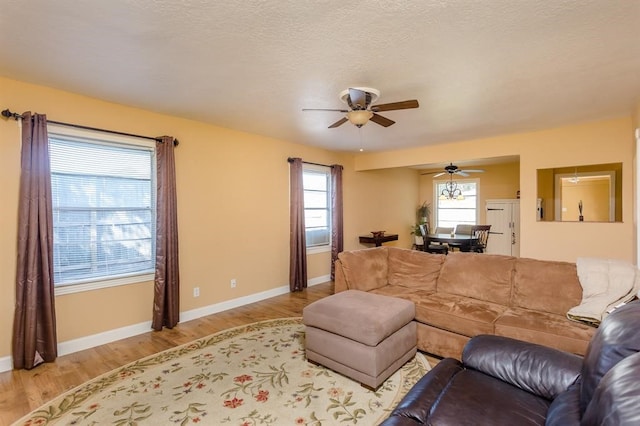 living room featuring wood-type flooring, ceiling fan, and a textured ceiling