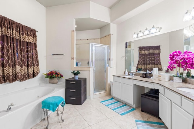 bathroom with vanity, separate shower and tub, and tile patterned flooring