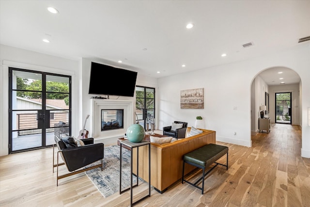 living room featuring a wealth of natural light and light hardwood / wood-style floors