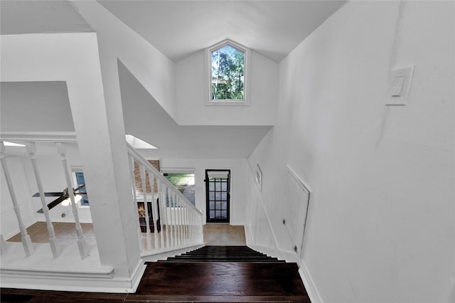 foyer with wood-type flooring and a high ceiling